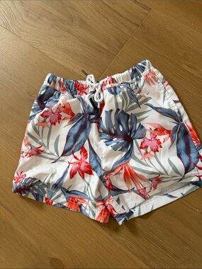 Kids Floral Swim Trunks - White with Blue & Red Tropical Print